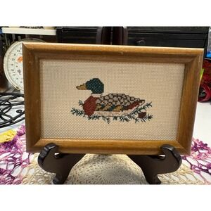 Vintage Mallard Duck Cross Stitch Framed Wall Art Rustic Cabin Lodge Decor Wood